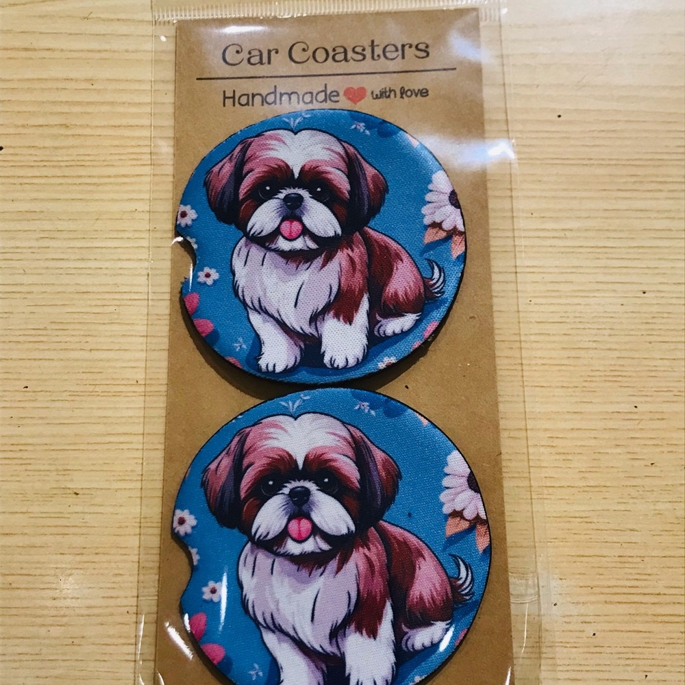 Cute Shih Tzu Dog Neoprene Car Coasters Set - Handmade